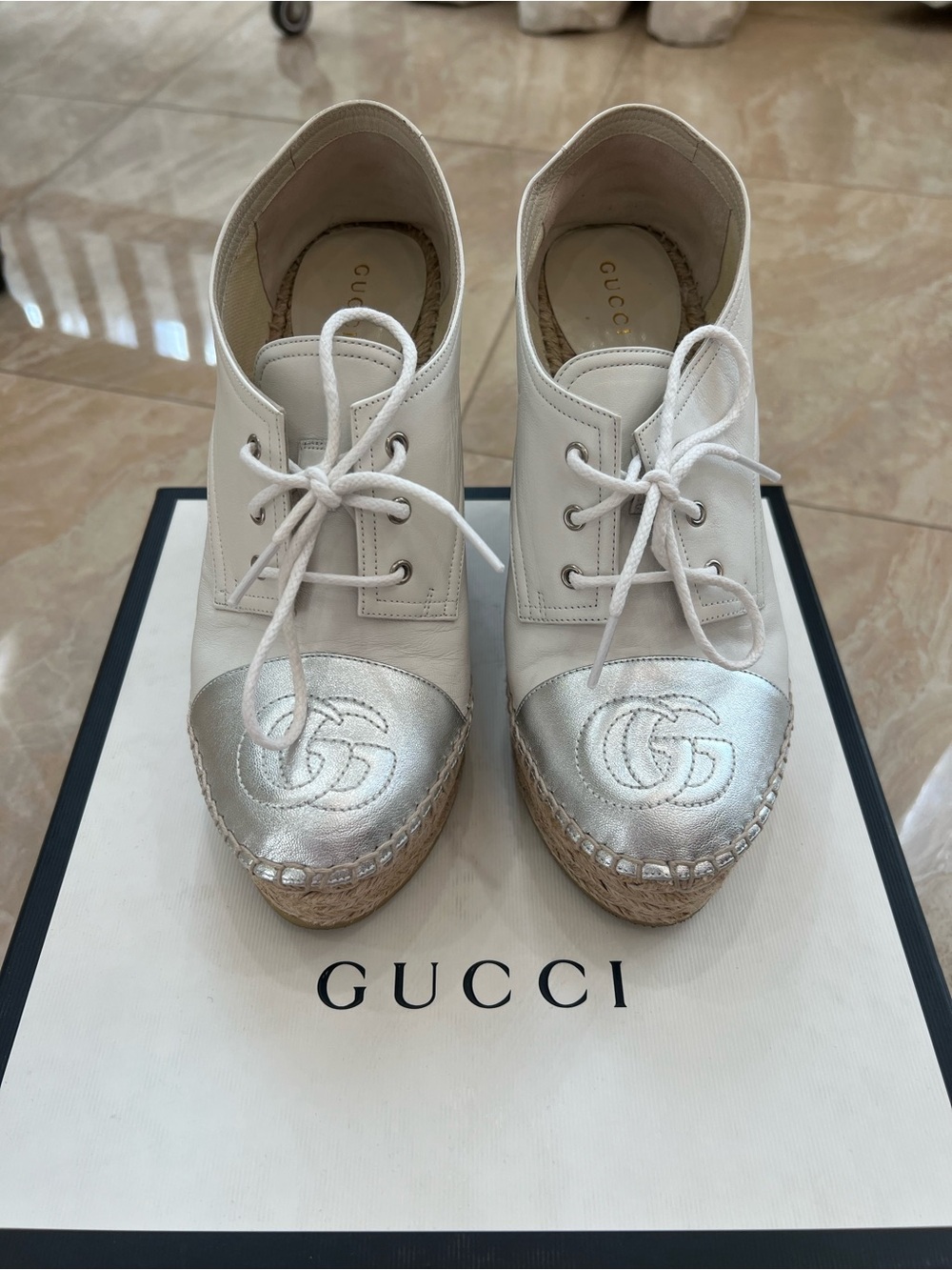 Gucci White Leather Espadrilles with Silver Metallic Toe Caps